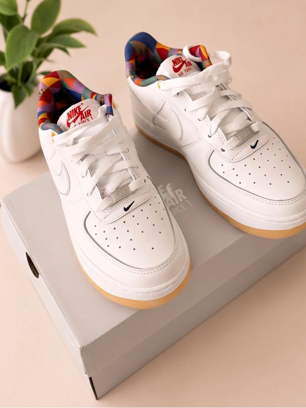 Nike White Leather Air Force 1 Low with Multicolor Lining and Gum Outsole